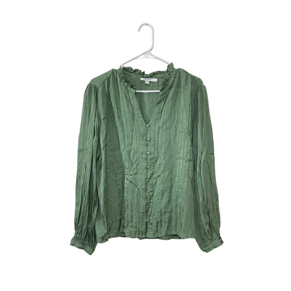Chico's Georgette Ruffled-Hem Blouse V-Neck Green Size 12 Large Button-Up